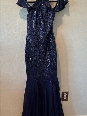 Diva Navy Sequin Off-Shoulder Prom Gown